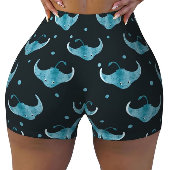 Seamless Workout Shorts Women - funny Stingray fish blue dots Biker Gym Running Yoga Spandex Shorts for Women