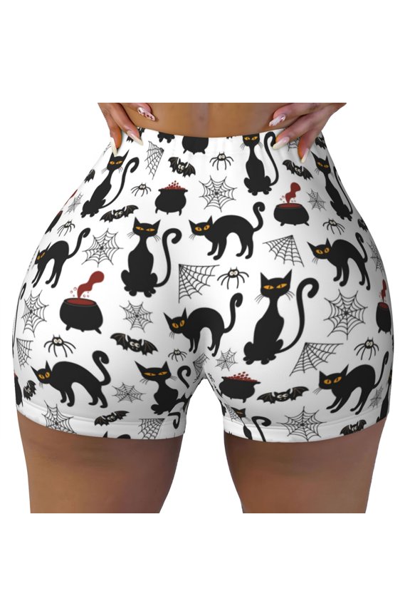 Seamless Workout Shorts Women - halloween cat bat spider web Biker Gym Running Yoga Spandex Shorts for Women
