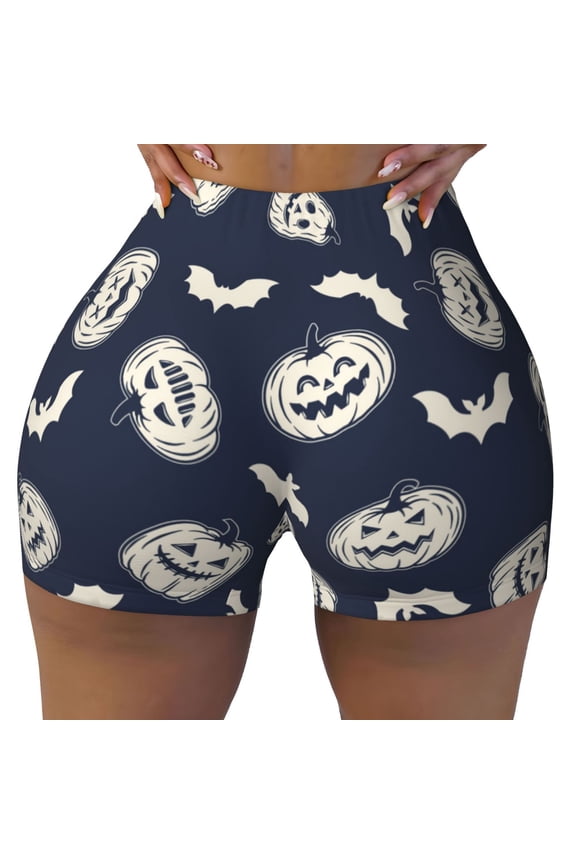 Seamless Workout Shorts Women - halloween pumpkin bats Biker Gym Running Yoga Spandex Shorts for Women