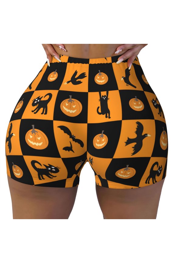 Seamless Workout Shorts Women - halloween pumpkins crow cat Biker Gym Running Yoga Spandex Shorts for Women
