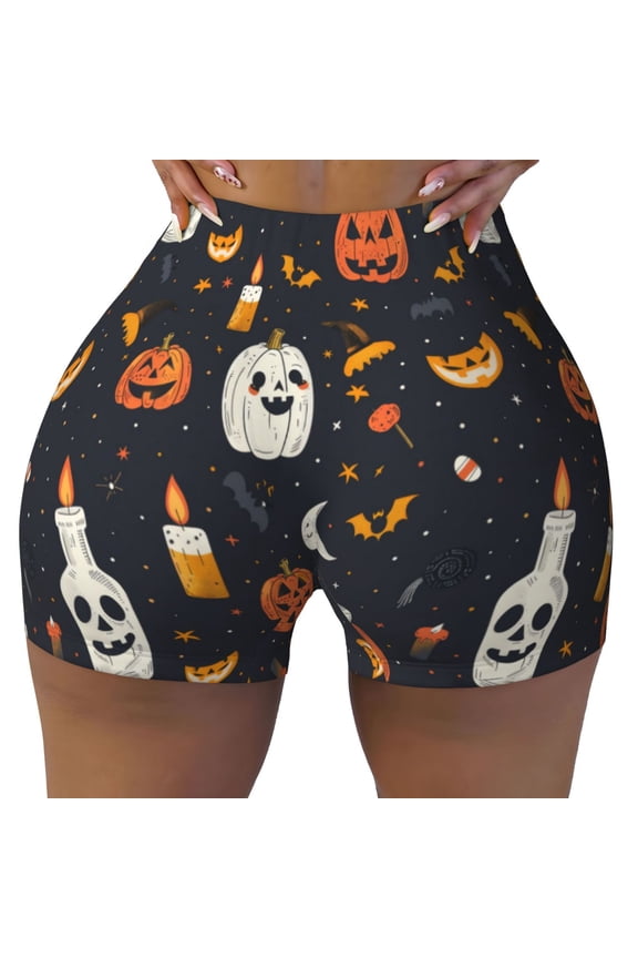 Seamless Workout Shorts Women - halloween spooky fun pumpkins bats Biker Gym Running Yoga Spandex Shorts for Women
