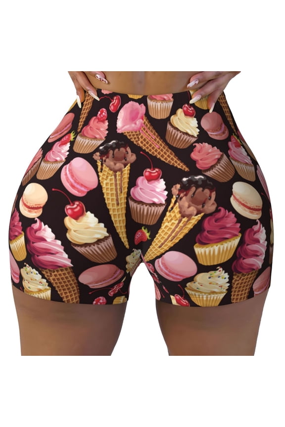 Seamless Workout Shorts Women - ice cream cake Biker Gym Running Yoga Spandex Shorts for Women