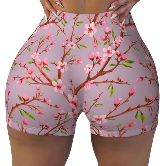 Seamless Workout Shorts Women - pink berry blossom flowers Floral Biker Gym Running Yoga Spandex Shorts for Women