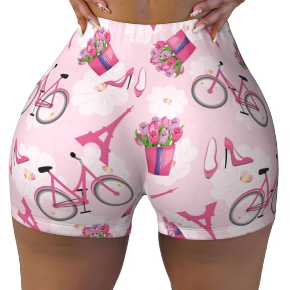 Seamless Workout Shorts Women - pink bike Romantic Biker Gym Running Yoga Spandex Shorts for Women
