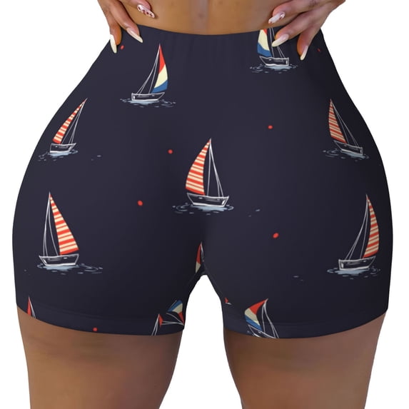 Seamless Workout Shorts Women - polka dots sailboat Navyblue Biker Gym Running Yoga Spandex Shorts for Women