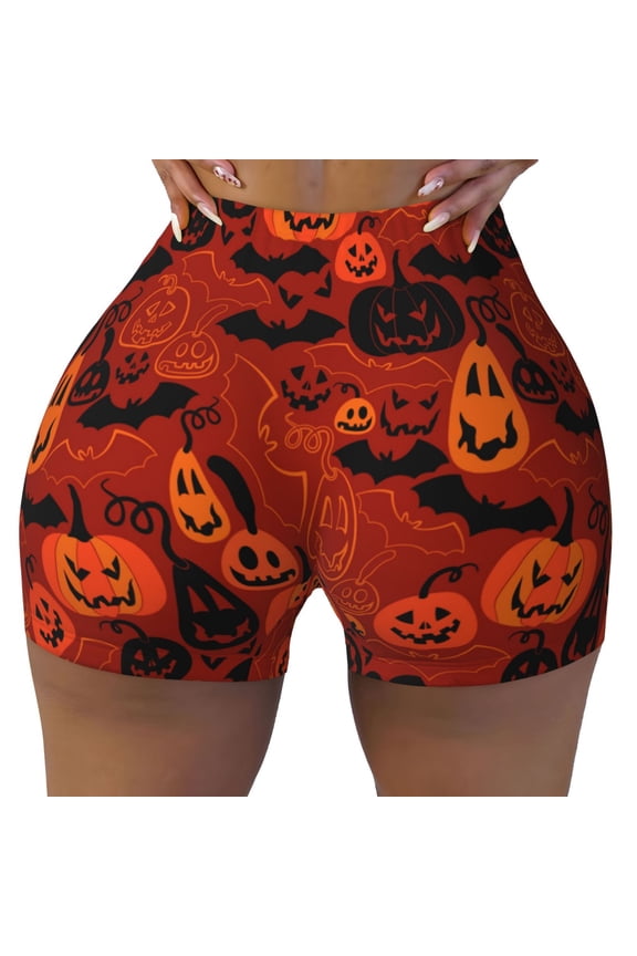 Seamless Workout Shorts Women - pumpkin halloween bat Biker Gym Running Yoga Spandex Shorts for Women