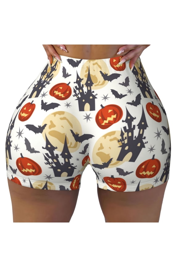 Seamless Workout Shorts Women - pumpkin halloween bats print Biker Gym Running Yoga Spandex Shorts for Women