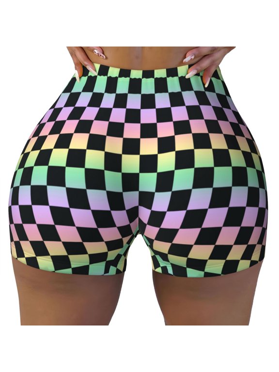 Seamless Workout Shorts Women - rainbow gradient colorful checkered Biker Gym Running Yoga Spandex Shorts for Women