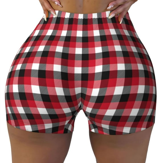 Seamless Workout Shorts Women - red black buffalo plaid Biker Gym Running Yoga Spandex Shorts for Women