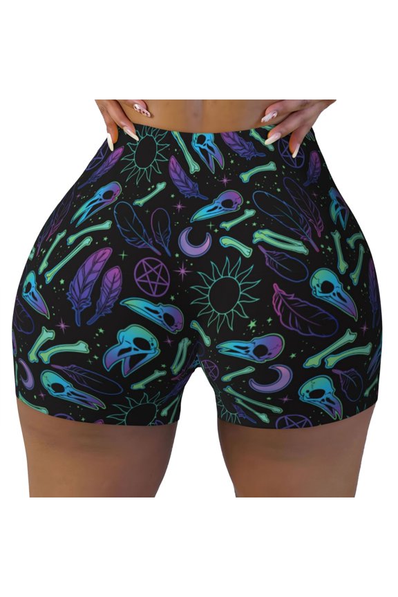 Seamless Workout Shorts Women - retro crow Biker Gym Running Yoga Spandex Shorts for Women
