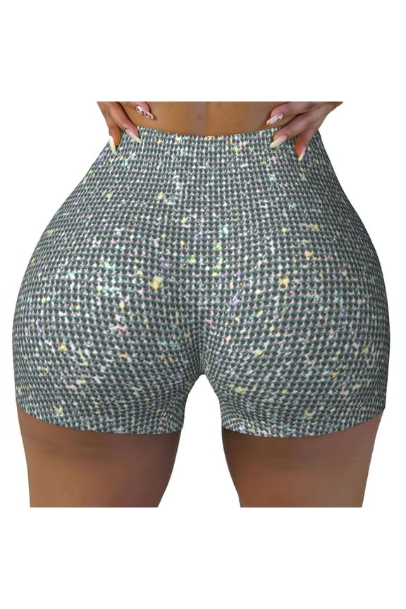 Seamless Workout Shorts Women - shiny white stone print Biker Gym Running Yoga Spandex Shorts for Women