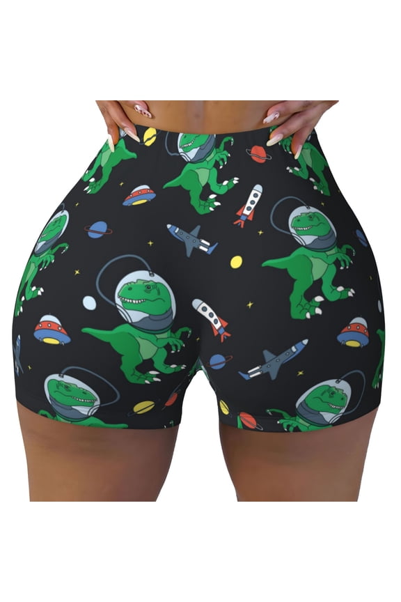 Seamless Workout Shorts Women - space Dinosaur rocket Biker Gym Running Yoga Spandex Shorts for Women
