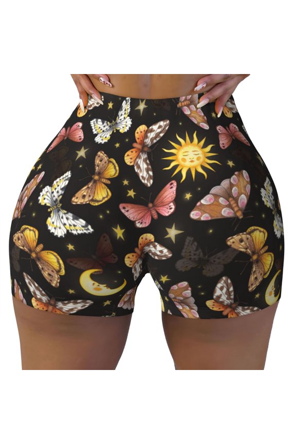 Seamless Workout Shorts Women - sun moon starry sky butterfly Biker Gym Running Yoga Spandex Shorts for Women