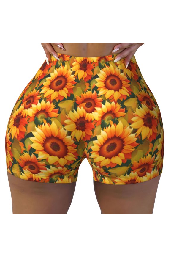 Seamless Workout Shorts Women - watercolor sunflowers Aesthetic cute Biker Gym Running Yoga Spandex Shorts for Women