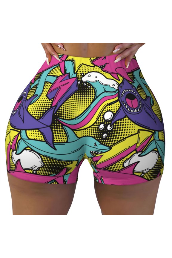 Seamless Workout Shorts Women - wave shark Biker Gym Running Yoga Spandex Shorts for Women