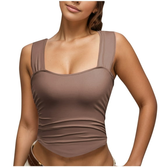 Seamless Yoga Crop Top Women's Square Neck Sleeveless Smocked Slim Fit Quick Dry Double Lined Workout Tank Athletic Going Out Clothes