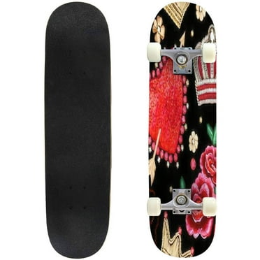 Seamless pattern with Crown roses and flowers and heart Outdoor Skateboard Longboards 31"x8" Pro Complete Skate Board Cruiser