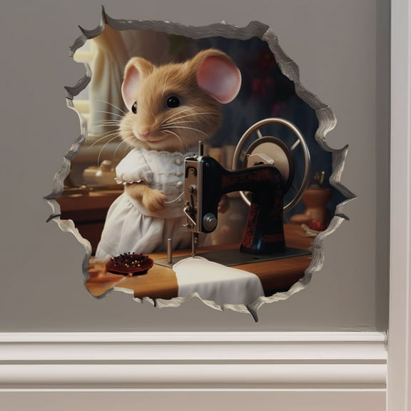 Seamstress Mouse in Mouse Hole Decal - Mouse Hole 3D Wall Sticker