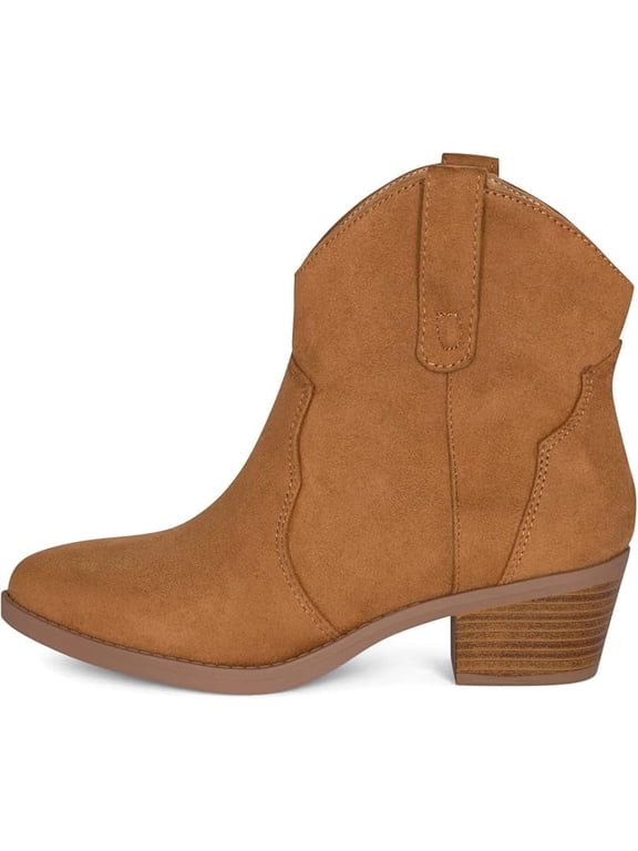 Seamy Women's Cowboy Boots, Pull On Ankle Boots, Stacked Block Heel, Pointed Toe, Coffee, Size 10