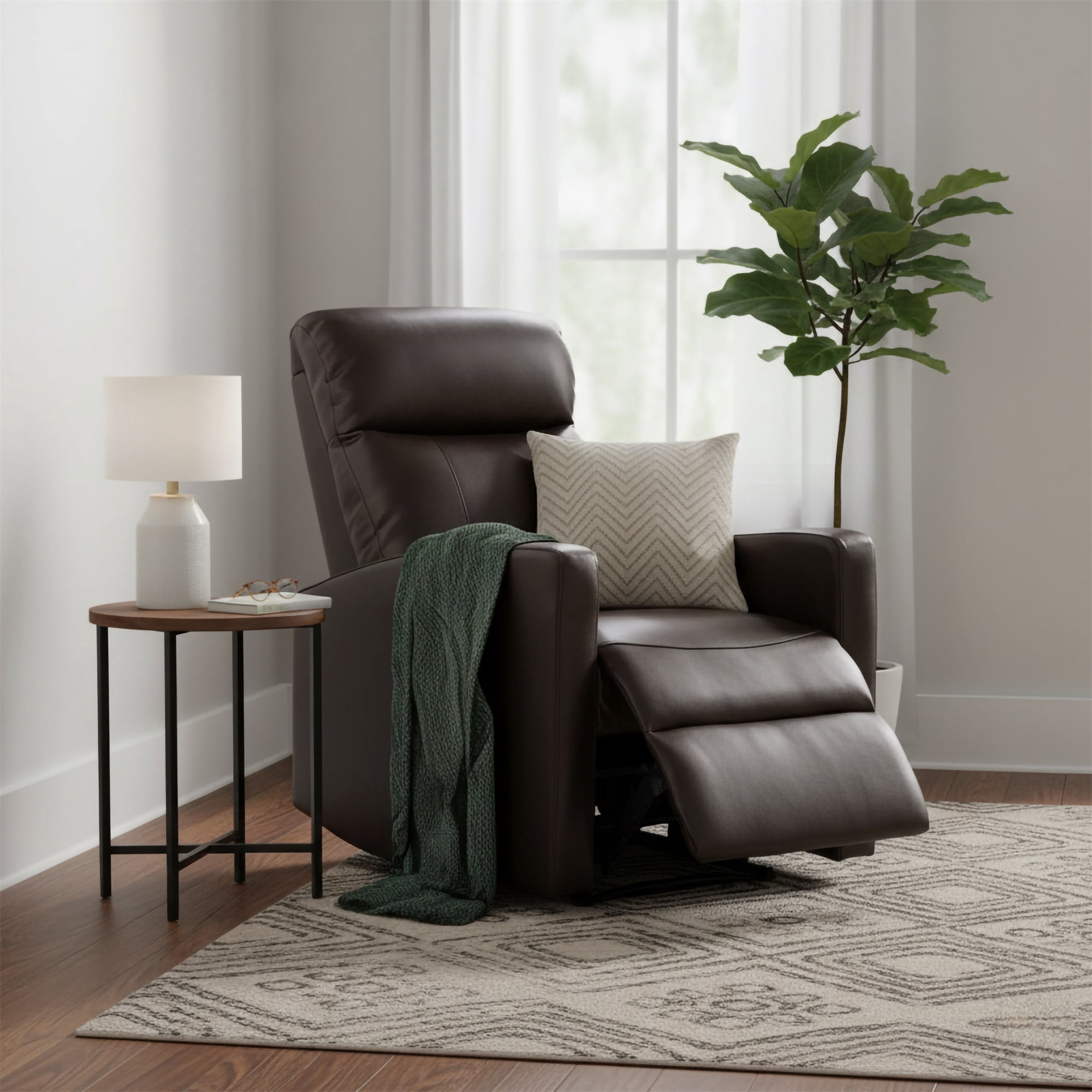 Sean Modern Faux Leather Infused Small Power Reading Recliner with Lower Back Massager, Brown