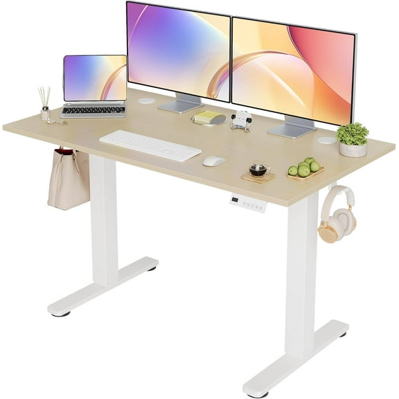 Seang Electric Standing Desk Adjustable Height, 48 x 24 Inch Sit Stand Desk with T-Shaped Frame, 3 Memory Presets & Cable Management for Home Office Computer Workstation, White Frame/Nature Top