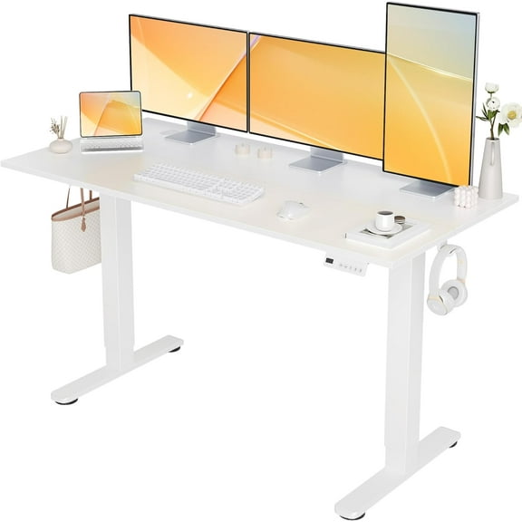 Seang Electric Standing Desk Adjustable Height, 55 x 24 Inch Sit Stand Desk with T-Shaped Frame, 3 Memory Presets & Cable Management for Home Office Computer Workstation, White Frame/White Top
