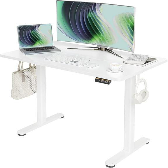 Seang Electric Standing Desk, Adjustable Height Stand up Desk with 3 Memory Presets, 48x24 Inch Sit Stand Desk with Splice Board for Home Office Computer Workstation, White Frame/White Top