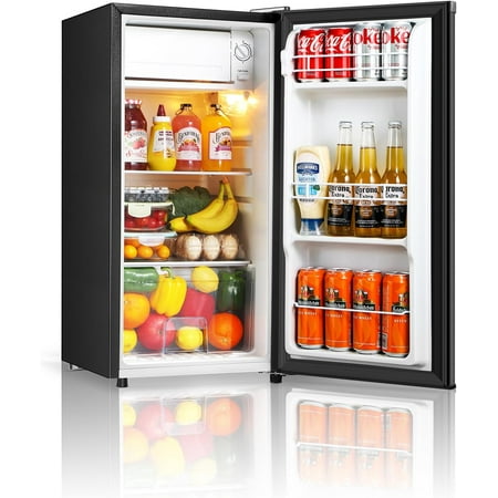 Seaoola Mini Fridge with Freezer, Single Door 4.4 Cu.Ft, Compact Mini Refrigerator, LED Light, Adjustable Thermostat, Removable Glass Shelves, Small Refrigerator for Dorm/Office/Bedroom(Black)
