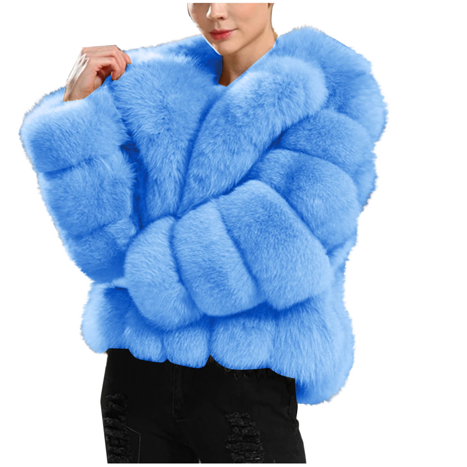Seaopen Deals Womens Cropped Faux Fur Jacket Shaggy Lapel Zip Up