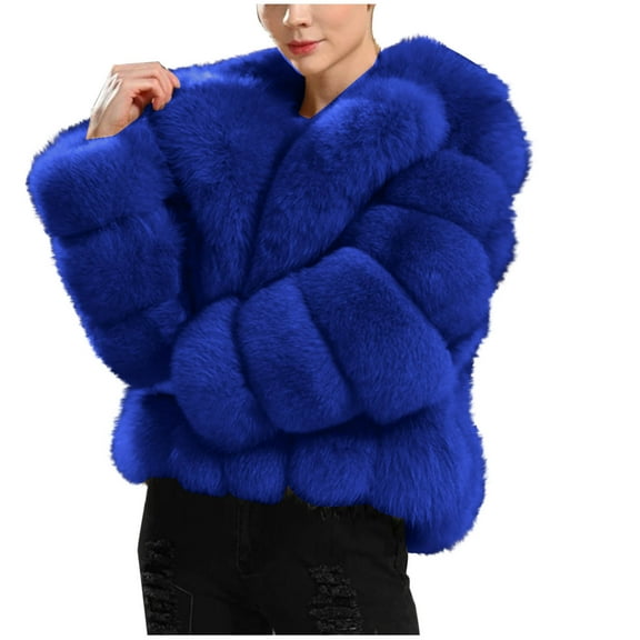 SEAOPEN Womens Faux Fur Coat Fleece Cropped Jacket Long Sleeve Fur Coats Warm Winter Jackets 2024 Blue,M