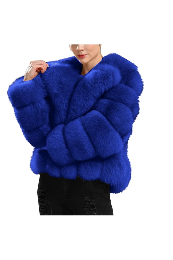 Womens Faux Fur Coat Fleece Cropped Jacket Long Sleeve Fur Coats Warm Winter Jackets 2024 Blue,M