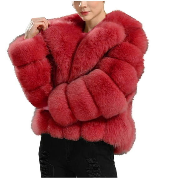 SEAOPEN Womens Faux Fur Coat Fleece Cropped Jacket Long Sleeve Fur Coats Warm Winter Jackets 2024 Today Sales Red,M