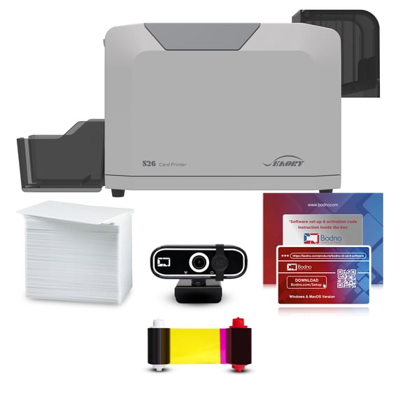 Seaory S26 Single Sided ID Card Printer & Complete Supplies Package with Bodno ID Software - Silver Edition