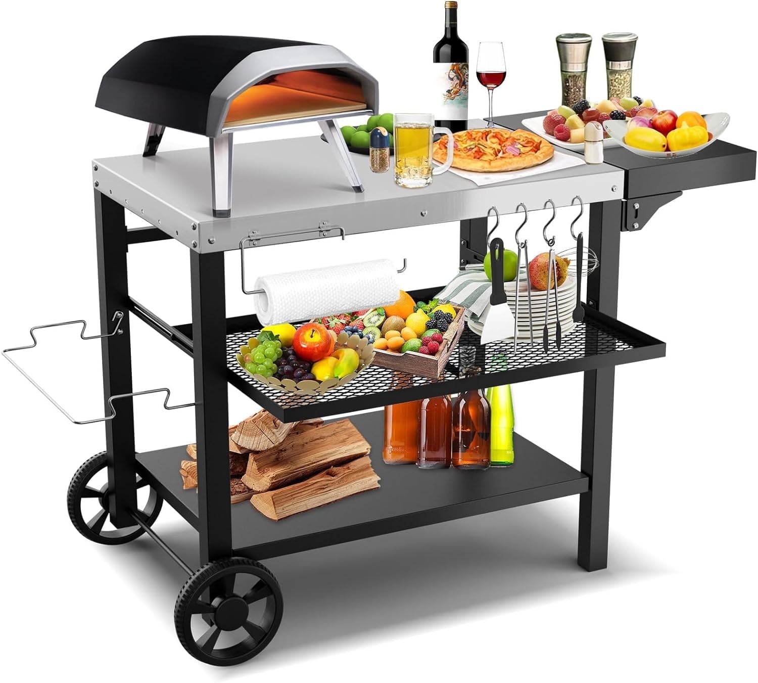 Searglow Stainless Steel Portable BBQ Grilling Station, Three Shelf Tabletop Kitchen Patio Cart