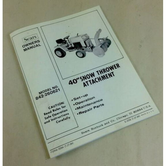 Sears 40" Snow Thrower Attachments Model 842-260621 Owners Operators Manual