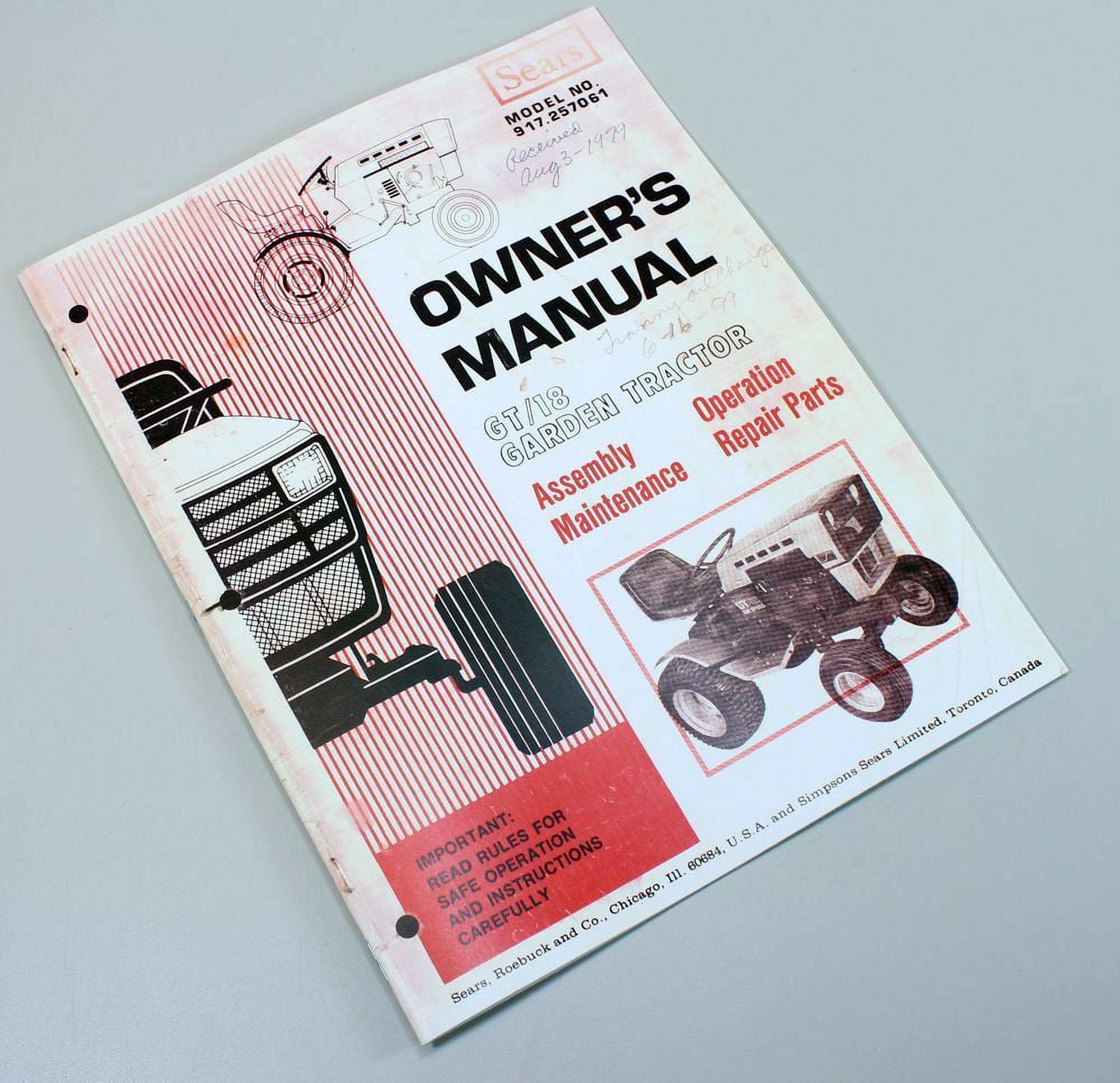 Sears Owners Manual Gt18 Twin Lawn Garden Tractor Operation Parts Gt 18 Drive Walmart