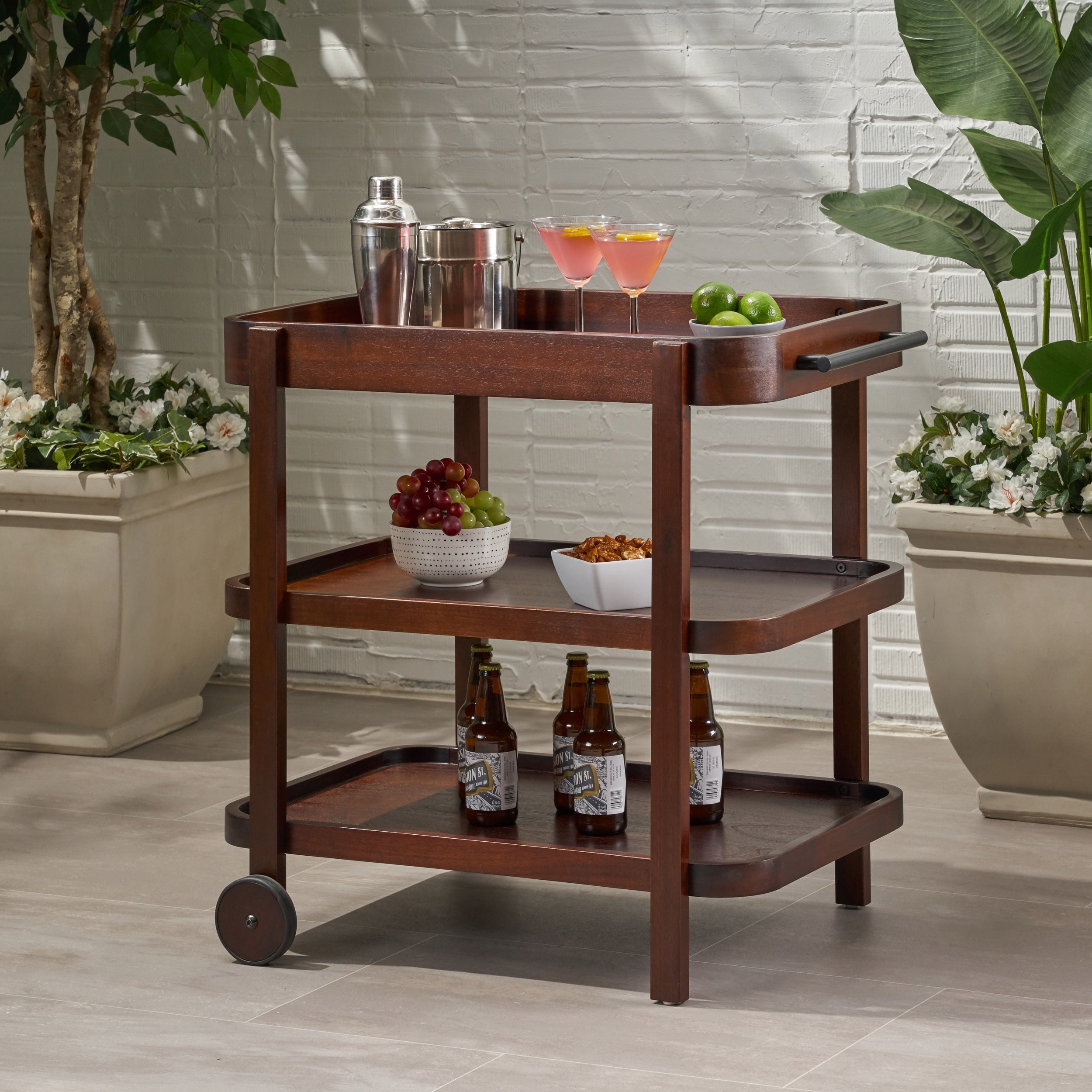Sears Valley Outdoor Traditional Acacia Wood Bar Cart with 3