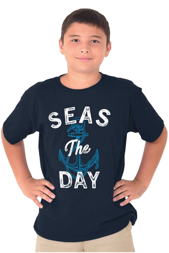 Seas The Day Cute Beach Anchor Crewneck T Shirts Boy Girl Teen Brisco Brands L