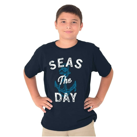 Seas The Day Cute Beach Anchor Crewneck T Shirts Boy Girl Teen Brisco Brands X