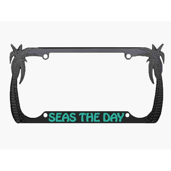 Seas The Day Design Palm Tree Style Metal License Plate Frame Personalized/Car Accessories Car Tag Holder Cover (Black/Turquoise)