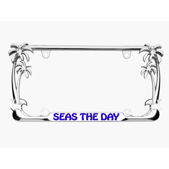 Seas The Day Design Palm Tree Style Metal License Plate Frame Personalized/Car Accessories Car Tag Holder Cover (Chrome/Lime Blue)