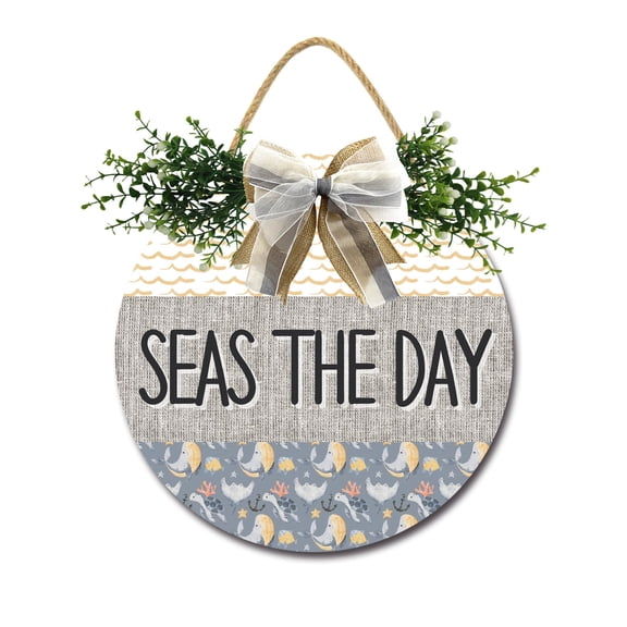 Seas The Day Door Hanging Sign 11 inch Wooden Wall Sign, Rustic Holiday Wreath Decor for Front Door Porch Home Window Wall Farmhouse Decorations