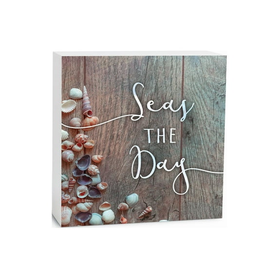 Seas The Day Pink Shells Weathered Board 5 x 5 Wood Tabletop Sign Plaque