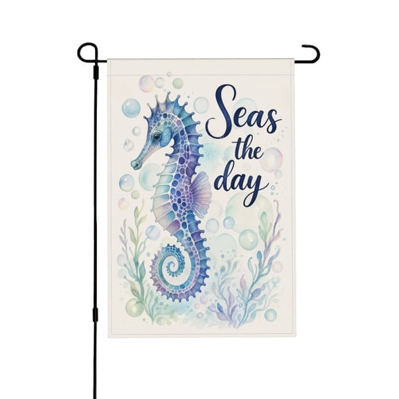 Seas the Day Watercolor Seahorse Garden Flag For Nautical Coastal Yard Decor 12x18 in