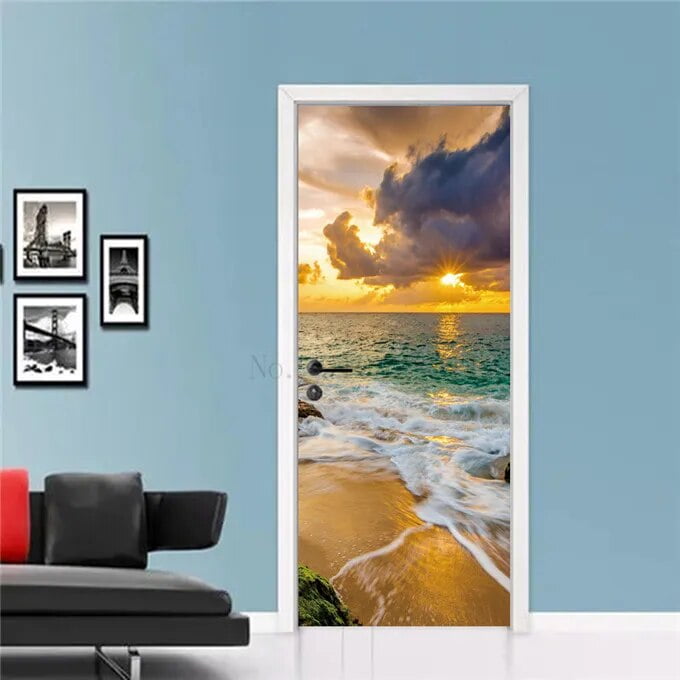 Seascape Beach Door Stickers Bedroom Bathroom Living Room 3d Decoration ...