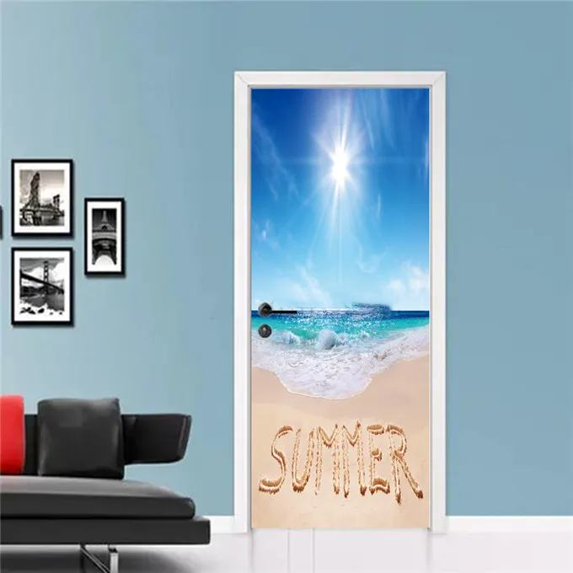 Seascape Beach Door Stickers Bedroom Bathroom Living Room 3d ration Wallpaper Self-adhesive Vinyl Poster Window Glass Mural