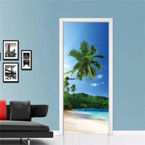 Seascape Beach Door Stickers Bedroom Bathroom Living Room 3d ration Wallpaper Self-adhesive Vinyl Poster Window Glass Mural