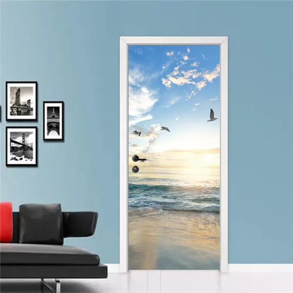 Seascape Beach Door Stickers Bedroom Bathroom Living Room 3d ration Wallpaper Self-adhesive Vinyl Poster Window Glass Mural