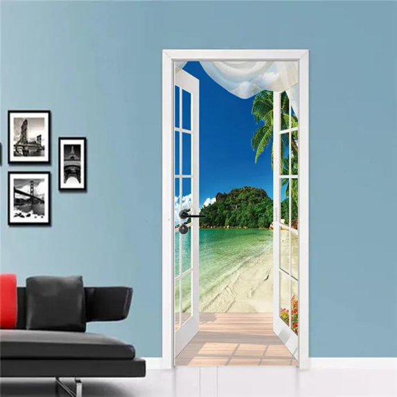 Seascape Beach Door Stickers Bedroom Bathroom Living Room 3d ration Wallpaper Self-adhesive Vinyl Poster Window Glass Mural
