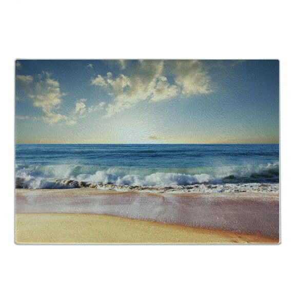 Seascape Cutting Board, Summer Day Wave Foams on Sands and Sea Horizon, Decorative Tempered Glass Cutting and Serving Board, in 3 Sizes, by Ambesonne